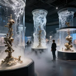 futuristic exhibition full of diorama exhibits, encased in epoxy, curious people observing the details in glass cases, very high details, volumetric fog, raytracing, back light, raymarching, by ilm, by digital domain, by weta digital