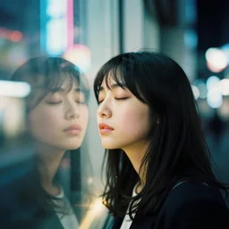 A portrait photography of a Japanese woman with a highly reflective window in front of her. Eyes closed. Neo Tokyo mood. Neon lights and glow in the background. High contrast. Film grain. Depth of field. Lens flare. Kodak Portra 800 film. Detailed. Cinematic. High quality.