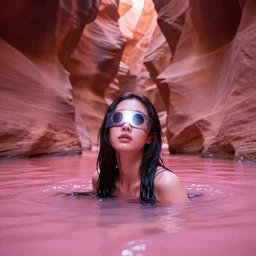 lee jin - eun emerging from pink water in cyberpunk theme during an eclipse by the edge of antelope canyon by conrad roset, nicola samuri, dino valls, m. w. kaluta, rule of thirds, seductive look, beautiful