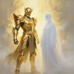paladin and ghost duo, golden, ethereal back light, mist, coherent composition, fantasy painting by artgerm, noriyoshi ohrai, yuumei