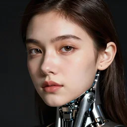 close - up portrait of beautiful young woman with cybernetic implants.