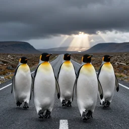 penguins walking across the road