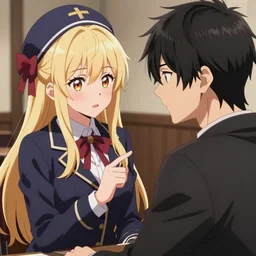 blonde anime girl with long hair, wearing headmistress uniform, talking with snooty aloof anime man with black emo hair, sharp details, subsurface scattering, intricate details, art by artgerm, anime, anime hd wallpaper, 2 0 1 9 anime screenshot