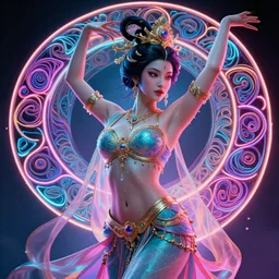 mythology, neon, Female Ancient China Dance, queen, academic Reference Pictures artstation, fibonacci, sweat drops, insane, pinup, intricate, highly detailed, digital painting, artstation, concept art, smooth, sharp focus, illustration, Unreal Engine 5, 8K, art by artgerm and greg rutkowski and alphonse mucha