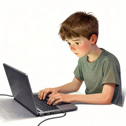 illustration of a boy connected to his laptop with wires, highly detailed, by butcher billy, mcbess, rutkowski