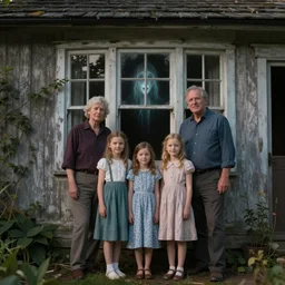 family photograph in front of an old house, a ghostly face is visible in one of the windows