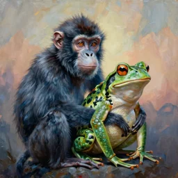 painting of hybrid monkey and frog fused together, intercrossed animal, by zdzislaw beksinski, by lewis jones, by mattias adolfsson, cold hue's, warm tone gradient background, concept art, digital painting