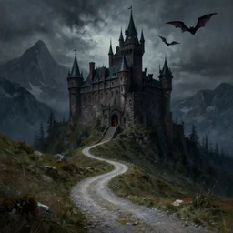 dracula's castle, dark mountains, bats in sky, omnious feeling, winding gravel path, carpathian mountains, illustration, epic, fantasy, intricate, hyper detailed, artstation, concept art, smooth, oil painting, jessica rossier