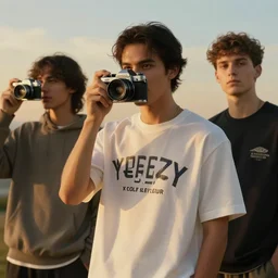 A photoshoot of a Yeezy x Golf Le Fleur collaborative clothing brand, vintage camera, dreamy, atmospheric, golden hour, cinematic lighting, 8K concept art, UHD realistic faces