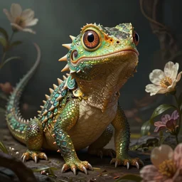 A heraldic queen lizard with big cute eyes and a raised claw, flowers around, D&D, fantasy, intricate, cinematic lighting, highly detailed, digital painting, artstation, concept art, smooth, sharp focus, illustration, art by Akihiko Yoshida, Greg Rutkowski and Alphonse Mucha