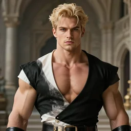 blonde gigachad hero in ancient castle, wearing black and white clothes, herculean bulging muscular figure, beautiful gigachad, soft lighting, highly detailed face!!, sharp focus, detailed eyes, artstation, by gaston bussiere, augustus edwin john and john singer sargent