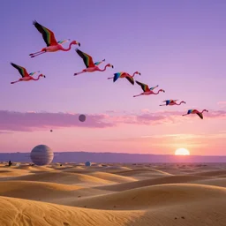 rainbow colored flamingos flying in a purple and pink sky at sunset. planets in the distance and golden hills. complex structures, cgsociety, artstation