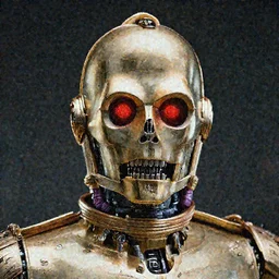 portrait of a menacing evil villain robot, glowing dark red eyes, metal teeth, purple tubes, striking, Terminator, Ultron, sci-fi, facial features, skull shape, C-3PO