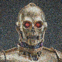 portrait of a menacing evil villain robot, glowing dark red eyes, metal teeth, purple tubes, striking, Terminator, Ultron, sci-fi, facial features, skull shape, C-3PO