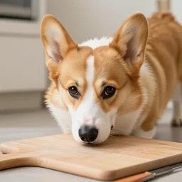 a corgi using a cutting board
