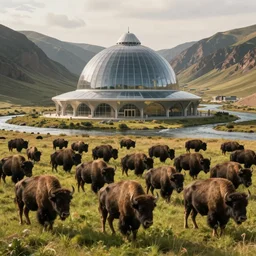extreme wide shot a flock of bison in front of a futuristic containment building in a grassy valley with a river, national geographic, hyper realistic, 4 k, warm light, a sense of hope