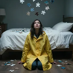 a dark-haired woman wearing a yellow raincoat on the floor in front of a bed covered with white linen, puzzle pieces hovering in the air, a sense of awe, atmospheric, cinematic, very detailed, volumetric lighting, photo, by Weta Digital
