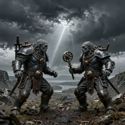 Duel of two gollums, thunderstorm, steampunk, realistic,