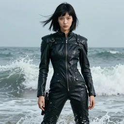 rolling, crashing waves, youthful asian blade runner demure, 3 5 mm, exquisite features, feminine cut, pris mascara, 2 0 4 9's frontiers in flight leather suit, smoke, grain, misty, stephane sednaoui, id magazine photoshoot