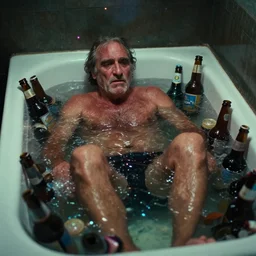 the full - body shot of drunk old wrinkled unkempt drunkard ( ( joaquin phoenix ) ) swimming in a bath filled of beer bottles, cinematography of christopher doyle, neon gloomy light, anamorphic, optical flares, kodak film, sharp focus, realistic, 8 k