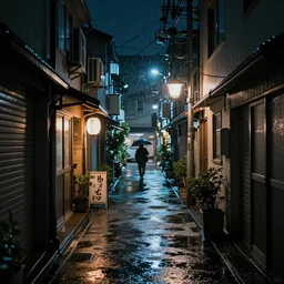 quiet tokyo alley at night, raining, dim volumetric lighting, hdr, postprocessing, hyperdetailed, intricate, epic composition, cinematic lighting, masterpiece, street photography