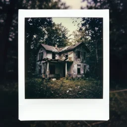 a broken down, abandoned house in the middle of a dark forest, scary, grotesque, old photo, polaroid