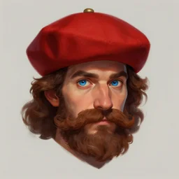Man with blue eyes and brown curly mustache wearing a red Cavalier hat. D&D Character Head and Shoulders Portrait. RPG Digital Artwork. Trending on Artstation.