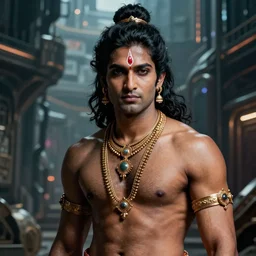 a high detailed ultrealistic portrait of a sexy male model with hindu feautures cyberpunk in a dystopian world