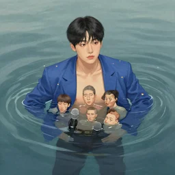 harmony blue jacket, tiny rainbow triangles, black haired yoongi, above water, ripples, six pack, microphone, by wlop, james jean, victo ngai, muted colors, highly detailed, fantasy art by craig mullins, thomas kinkade