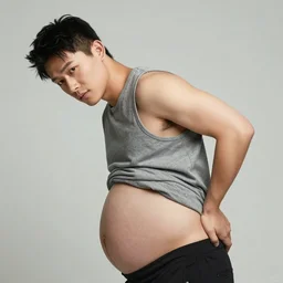 Young male Asian protagonist wearing a sleeveless shirt and a big pregnant belly arching his back, ultrarealistic, 8k