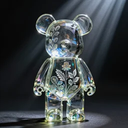 close up portrait of Rubik the shining glass figurine, in empty space, embossed panel with leaves and flowers, carefully crafted, refracting light, caustics, light rays beaming through, epic 8k, Zeiss 75mm