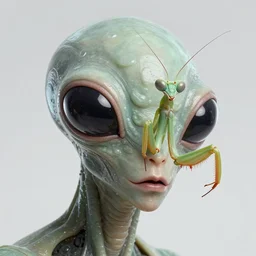 first contact alien facial portrait, mantis, insect, retro - futuristic, high details, by vincent di fate, artgerm julie bell beeple, 9 0 s, 3 d, matte, smooth gradients, volumetric lightning, light from below, high contrast, duo tone, depth of field