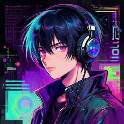 a drawing of a person with headphones on, cyberpunk art by Hirohiko Araki, behance, funk art, synthwave, darksynth, official art