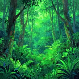 lush green forest with lots of vegetation by yuumei art, neon colors