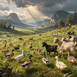 fantasy landscape, ducks and goats going to war