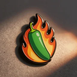 a retro minimalistic jalapeno on fire flames enamel pin