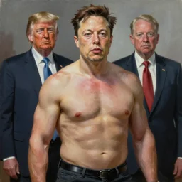 “the ultimate gigachad, incredibly muscular Elon musk, Donald Trump with chiseled jawline, trending on /r/moreplatesmoredates, oil on canvas artstation by J. C. Leyendecker and Edmund Blair Leighton and Charlie Bowater octane render”