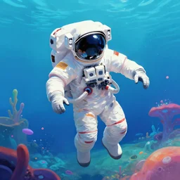 a digital painting of an astronaut!!!!!! floating in a bright colorful alien ocean surrounded by alien fish, sharp focus, retro futuristic by beeple, wayne barlowe, roger dean