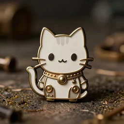 a retro minimalistic cute steampunk cat emoji enamel pin, hd, concept art,