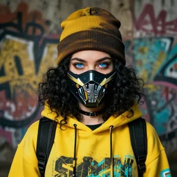 highly detailed portrait of a sewer punk student lady with blue eyes and trendy hoody and beanie hat and mortal kombat cyber ninja face mask, black curly hair by atey ghailan, james gilleard, by joe fenton, by greg rutkowski, by greg tocchini, by kaethe butcher, 4 k resolution, gradient yellow, black, brown and cyan color scheme, grunge aesthetic!!! ( ( dystopian graffiti tag wall in background ) )