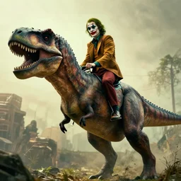 cinematic shot of the joker riding on a t - rex in the wild, 8 k, very detailed,