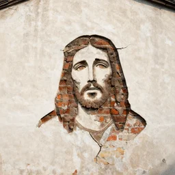 a huge crack in an old building's plaster wall revealing bricks beneath in the shape of jesus's face, photoreal