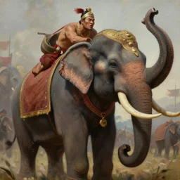 portrait of a tai ethnic warlord rides an asian war elephant with emotional movement in the battlefield, closeup portrait, historical, tai ethnic decoration, elegant, loin cloth, highly detailed, oil painting, artstation, concept art, matte, sharp focus, illustration, hearthstone, art by earl norem