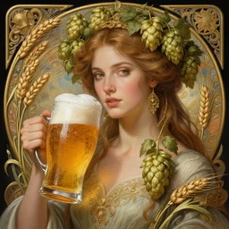 stunning goddess of beer portrait, hop, wheat, fantasy, intricate, elegant, highly detailed, digital painting, artstation, concept art, smooth, sharp focus, illustration, art by krenz cushart and artem demura and alphonse mucha