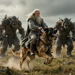 gandalf riding on a dog fighting orcs, photography, 8 k, cinematic