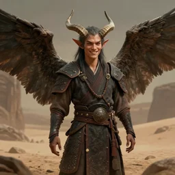 portrait of a friendly!, young daemon monk warrior, small horns, large wings, in the style of victor adame minguez, trending on artstation, desert background, shadowy, chaotic undertones, high detail 8 k, unreal engine 4