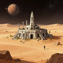 in front of the remains of an abandoned human outpost, on a remote desert planet, from a space themed point and click 2 d graphic adventure game, art inspired by tomb raider and thomas kinkade