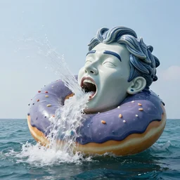 a massive porcelain sculpture on the ocean water of a man's face crushed on a giant donut spewing a waterfall of jelly from his mouth, in the style of johnson tsang, funny sculpture, lucid dream series, cinematic, hyper - realistic, very detailed, realistic water splashes, ray tracing, 8 k resolution, long - shot, sharp focus, low angle, 8 5 mm photograph, wide lens