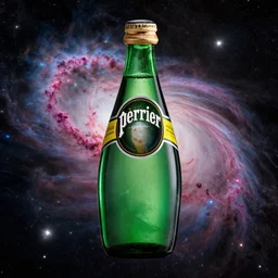 a photo of a bottle of Perrier in space with nebula