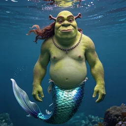 underwater portrait of shrek as a mermaid, au naturel, hyper detailed, digital art, trending in artstation, cinematic lighting, studio quality, smooth render, unreal engine 5 rendered, octane rendered, art style by klimt and nixeu and ian sprigger and wlop and krenz cushart.